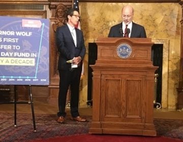 Governor Tom Wolf and Treasurer Joe Torsella announced Thursday that the state can afford to put money into its Rainy Day fund for the first time in a decade. (Katie Meyer/WITF)