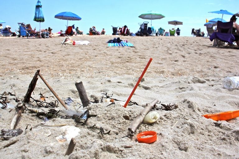 Plastic trash is deposited at the high tide line at Monmouth Beach, New Jersey, where local merchants are banned from using plastic straws, styrofoam food containers, and plastic bags. (Emma Lee/WHYY)