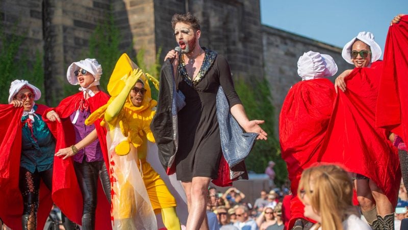 Members of the Bearded Ladies Cabaret satirize the Handmaids Tale along with John Jarboe, as Edith Piaf and Virgil Gadson playing the character Butter.  (Jonathan Wilson for WHYY)