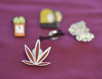 A pin of a stylized cannabis leaf lays on a table with information at a forum on the business of medicinal and recreational use of cannabis in the African-American community. (Bastiaan Slabbers for WHYY)