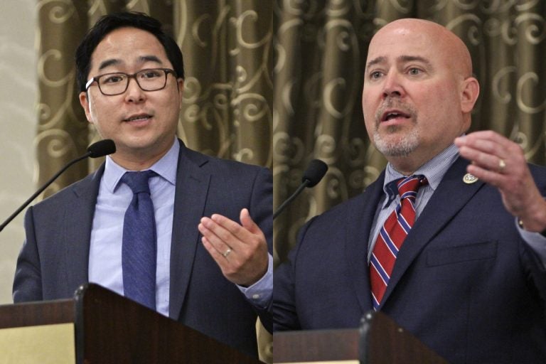 Democrat Andy Kim (left) and Republican incumbent  U.S. Rep. Tom MacArthur during a debate at the South Jersey Chamber of Commerce meeting in Mouth Laurel. (Emma Lee/WHYY)