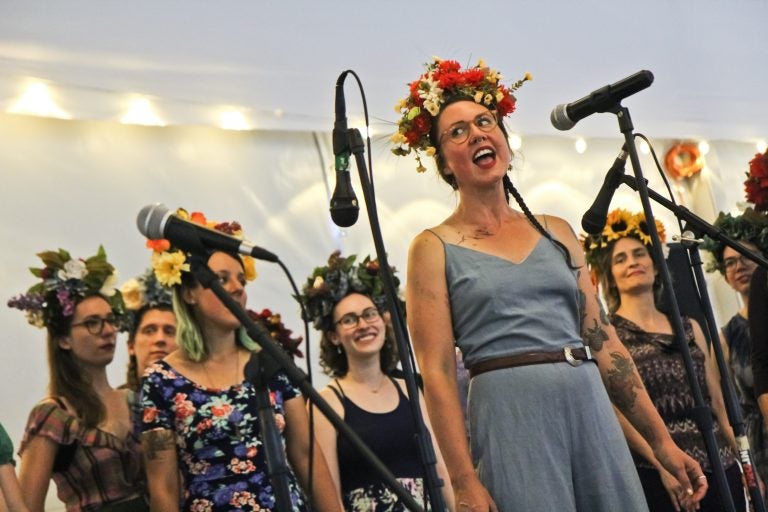 The Philadelphia Women’s Slavic Ensemble performs at Bertram’s Gardens Sunday. (Kimberly Paynter/WHYY)
