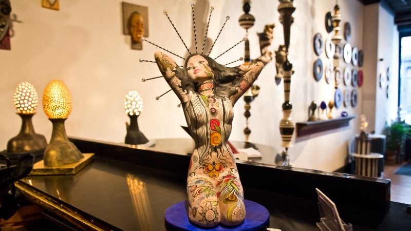 Art work by Dan Martin and Michael Biello on display at their studio in Old City Philadelphia. (Kimberly Paynter/WHYY)