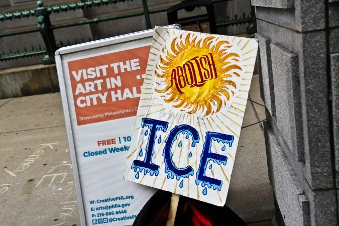 Immigration policy protesters have moved from 8th and Cherry streets to City Hall. (Kimberly Paynter/WHYY)