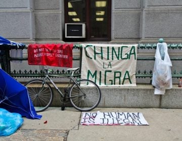 Immigration policy protesters have moved from the ICE building at Eighth and Cherry streets to City Hall. (Kimberly Paynter/WHYY)