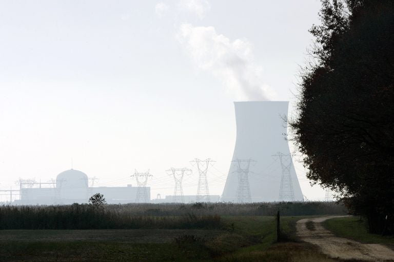 A large cooling tower and other buildings at the Salem nuclear power plant known as Artificial Island can be seen near a farm in Lower Alloways Creek Township, N.J. The project calls for connecting Delaware’s electric grid to powerlines adjacent to the plant via a 230-kilovolt transmission line buried in the sediment underneath the Delaware River. (AP Photo/Mel Evans)