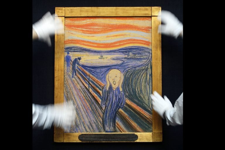 Edvard Munch's 'The Scream' is seen as it is hung for display at Sotheby's Auction Rooms in London, Thursday, April 12, 2012.  (AP Photo/Kirsty Wigglesworth)