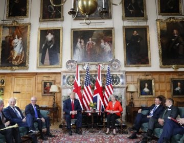 Donald Trump, Theresa May U.S. President Donald Trump, (center left), with British Prime Minister Theresa May, (center right) are seated during their meeting at Chequers, in Buckinghamshire, England, Friday, July 13, 2018. (Pablo Martinez Monsivais/AP Photo)