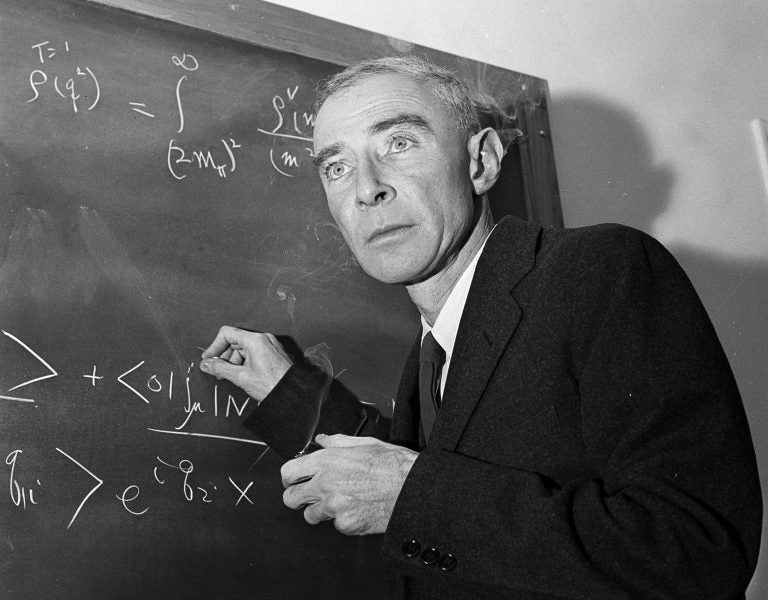 Dr. J. Robert Oppenheimer, creator of the atom bomb, is shown at his study in Princeton University's Institute for Advanced Study, Princeton, N.J. He was accused of having communist sympathies. (AP Photo/John Rooney, File)