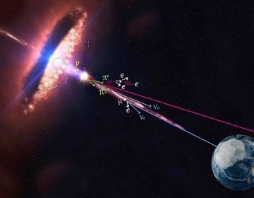 In this artistic rendering, a blazar is accelerating protons that produce pions, which produce neutrinos and gamma rays. Neutrinos are always the result of a hadronic reaction such as the one displayed here. Gamma rays can be produced in both hadronic and electromagnetic interactions. (Artist rendering courtesy  IceCube/NASA)