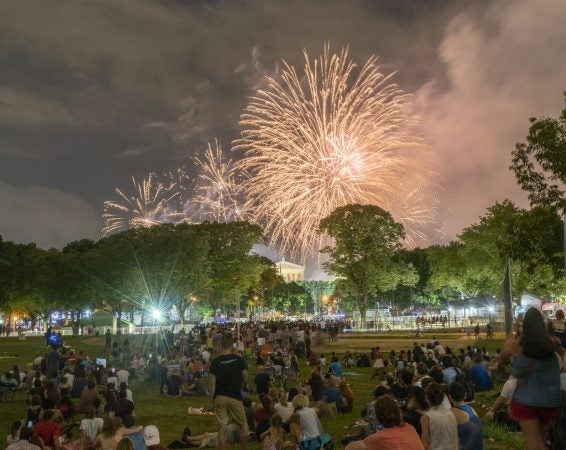 Spectators watch fireworks from Von Colln Athletic Field. (Jonathan Wilson for WHYY)