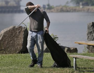 Robert Gidney wipes away sweat while working in Palisades Interstate Park in Ft. Lee, N.J., Monday, July 2, 2018. The National Weather Service has most of New Jersey state under an excessive heat warning or heat advisory, with heat indices predicted to top 100 degrees.