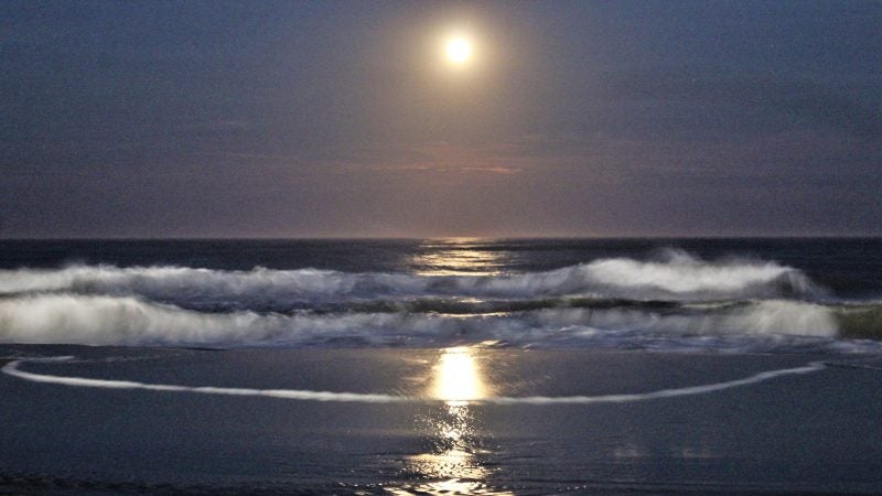 Not far from the bustle and noise of the Boardwalk, the view over the ocean is calm and quiet as the waves reflect the moon. (Bill Barlow/for WHYY)

