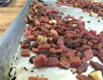 Chunks of pork roll mixed with French toast are prepped to be added into ice cream at Windy Brow Farms in northwestern New Jersey. (Mark Eichmann/WHYY)