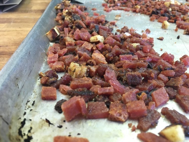 Chunks of pork roll mixed with French toast are prepped to be added into ice cream at Windy Brow Farms in northwestern New Jersey. (Mark Eichmann/WHYY)