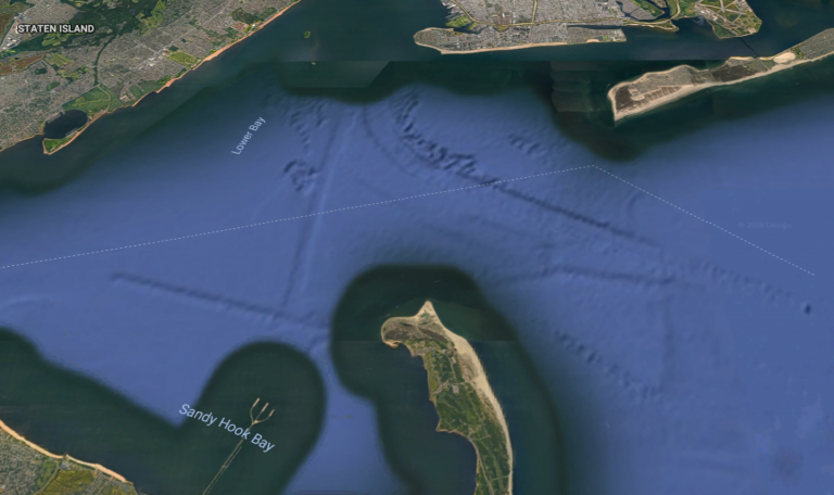 A massive storm surge barrier stretching from Sandy Hook, New Jersey to Breezy Point, New York is among hazard reduction proposals under consideration by the U.S. Army Corps of Engineers. (Google Maps image) 