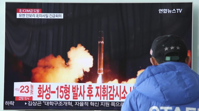 A man watches a TV screen showing what the North Korean government calls the Hwasong-15 intercontinental ballistic missile, at the Seoul Railway Station in Seoul, South Korea, in November.