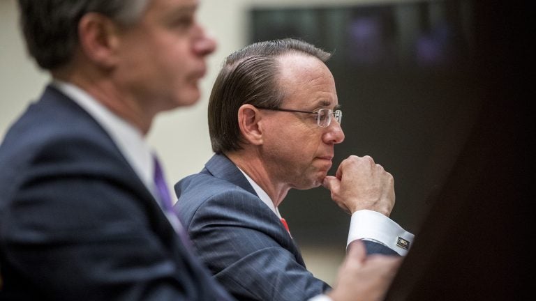 Deputy Attorney General Rod Rosenstein, right, and FBI Director Christopher Wray, left, appeared before the House Judiciary Committee on June 28. Some members complain they are stonewalling. Deputy Attorney General Rod Rosenstein, right, and FBI Director Christopher Wray, left, appeared before the House Judiciary Committee on June 28. Some members complain they are stonewalling