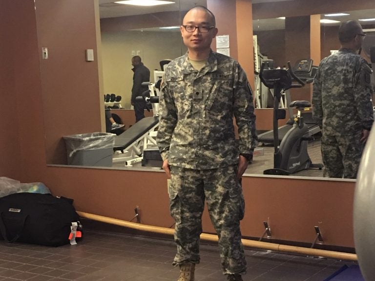 This photo provided to the AP by Panshu Zhao shows Zhao in uniform on Feb. 11, at a U.S. Army Reserve installation in Houston. Zhao is one of dozens of immigrant military recruits and reservists who have been waiting for years to deploy but were recently discharged with little explanatio