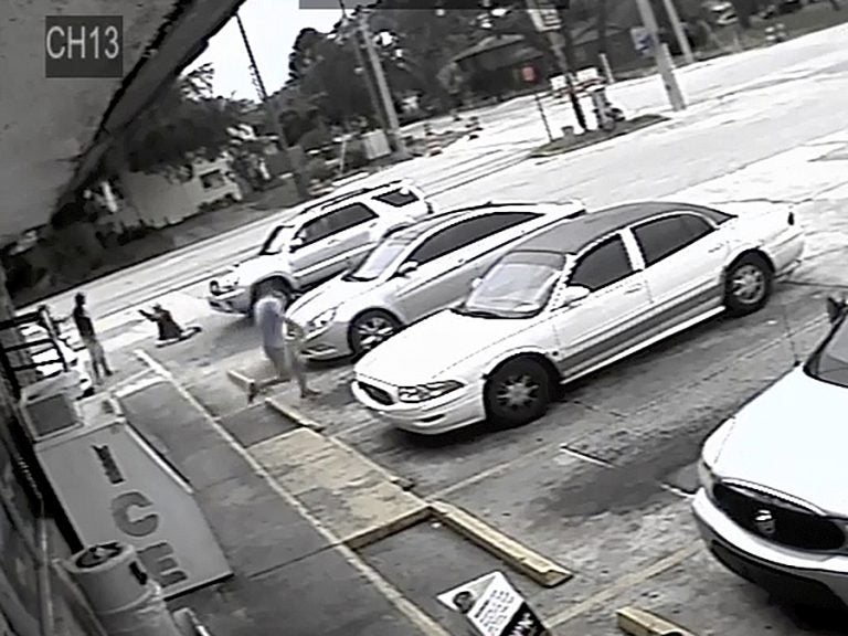 This image taken from surveillance video released by the Pinellas County Sheriff's Office, shows Markeis McGlockton (far left) and Michael Drejka involved in an altercation in a convenience store parking lot in Clearwater, Fla., last week. (AP)