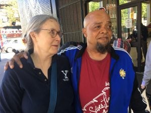 Bryan Allyene (right) has worked as a peer at Insite since it opened in 2003. He was active in leading the push for its opening as a leader in the Vancouver Area Network of Drug Users. Photo by Elana Gordon, WHYY