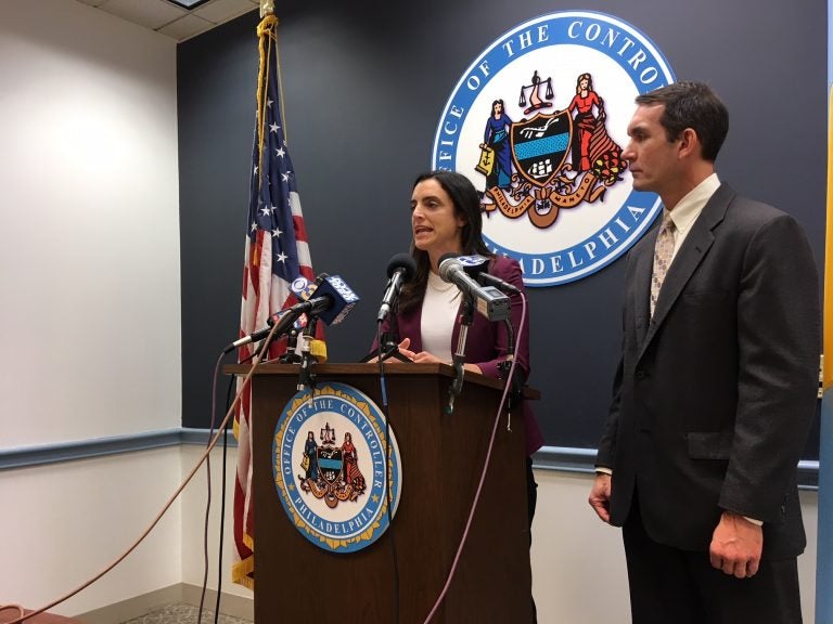 City Controller Rebecca Rhynhart announces an audit of the PPA as Pa. Auditor General Eugene DePasquale looks on