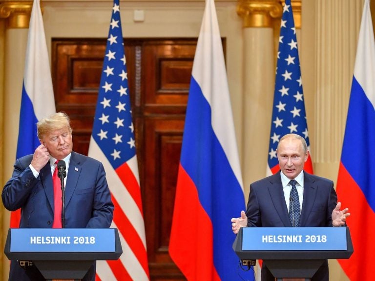 President Donald Trump and Russia's President Vladimir Putin hold a joint press conference after a meeting at the Presidential Palace in Helsinki, on Monday. (Yuri Kadobnov/AFP/Getty Images)