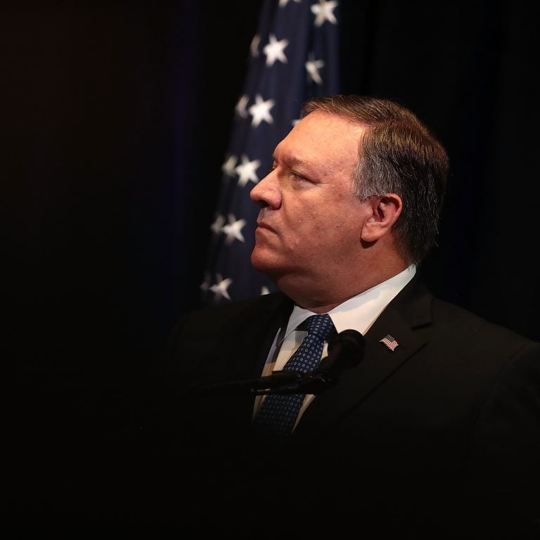 Secretary of State Mike Pompeo looks on during a press conference at the Australia-U.S. Ministerial Consultations (AUSMIN) on the campus of Stanford University on Tuesday in California. (Justin Sullivan/Getty Images)