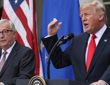 President Donald Trump and European Commission President Jean-Claude Juncker deliver a joint statement on trade in the Rose Garden of the White House Wednesday in Washington, D.C. (Win McNamee/Getty Images)