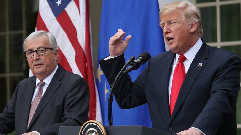President Donald Trump and European Commission President Jean-Claude Juncker deliver a joint statement on trade in the Rose Garden of the White House Wednesday in Washington, D.C. (Win McNamee/Getty Images)