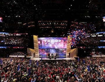 Then-candidate Donald Trump onstage with his running mate, Mike Pence, and their families at the end of the 2016 Republican National Convention in Cleveland. Republicans have chosen Charlotte, N.C., a city that hosted Democrats' convention in 2012, to host their 2020 convention. (Alex Wong/Getty Images)
