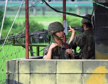 South Korean soldiers at a guard post near the Demilitarized Zone (DMZ) dividing two Koreas in the border city of Paju in August of last year. (AFP Contributor/AFP/Getty Images)