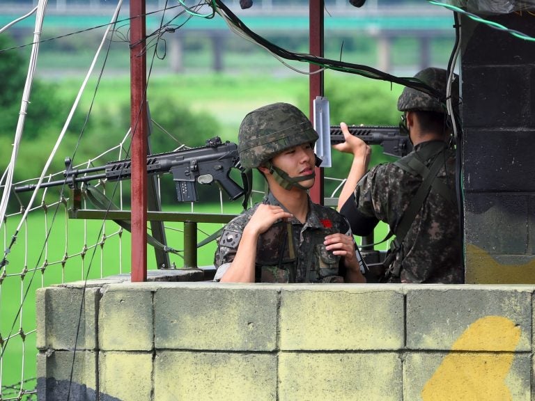 South Korean soldiers at a guard post near the Demilitarized Zone (DMZ) dividing two Koreas in the border city of Paju in August of last year. (AFP Contributor/AFP/Getty Images)
