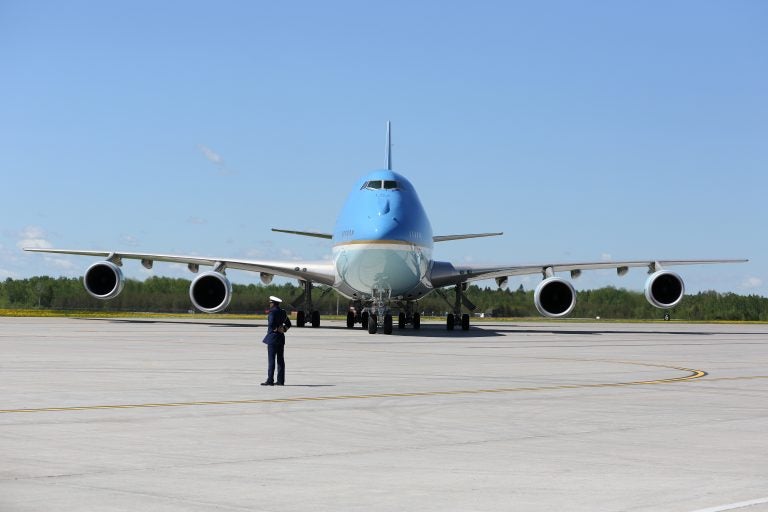 Air Force One after landing in Bagotville, Canada, in June. At the G-7 meeting there, President Trump threw traditional U.S. allies into disarray over his trade and security policies. (Lars Hagberg/AFP/Getty Images)