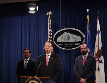 Deputy Attorney General Rod Rosenstein announces indictments against 12 Russian intelligence agents for computer hacking, at a news conference at the Department of Justice on Friday. (Chip Somodevilla/Getty Images)