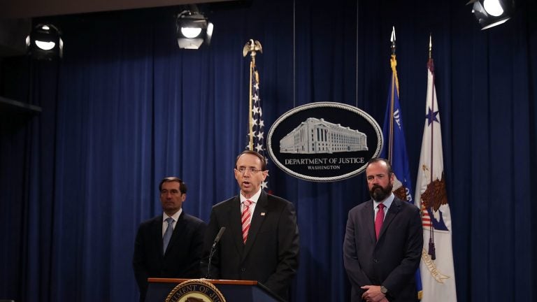 Deputy Attorney General Rod Rosenstein announces indictments against 12 Russian intelligence agents for computer hacking, at a news conference at the Department of Justice on Friday. (Chip Somodevilla/Getty Images)