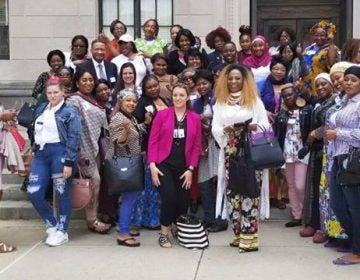 The New Jersey Hair Braiding Freedom Coalition assembles outside the the State House in Trenton before a committee hearing in May. (Courtesy of Brooke Fallon) 