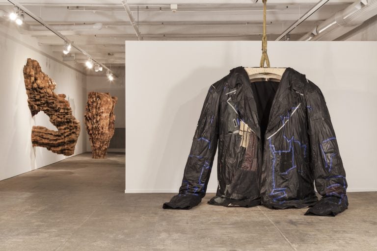 This monumental leather jacket sculpture, titled PODERWAĆ, 2017, by Ursula von Rydingsvard, inspired a film series on the leather jacket in cinema. (Credit: Carlos Avendaño)