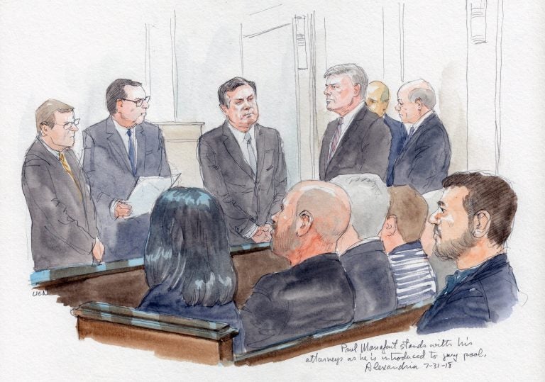 Paul Manafort (center), standing with his lawyers, is introduced to jury pool on Tuesday. (Sketch by Art Lien)