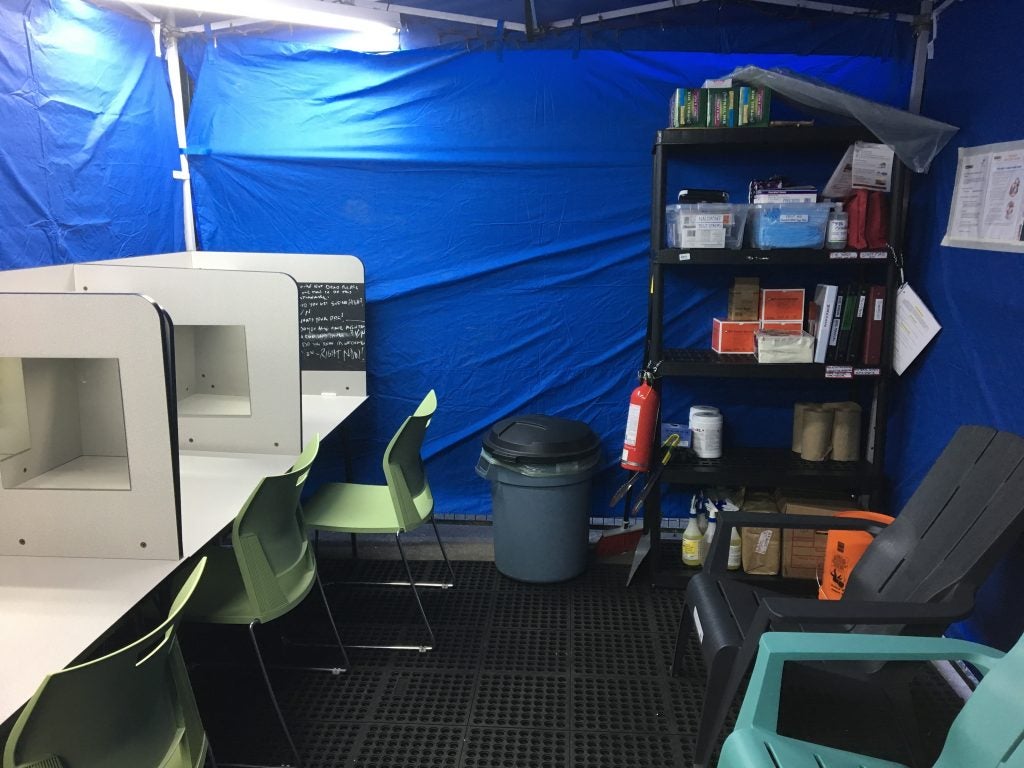 Injection booths inside a newly opened overdose prevention site, the first located outside the Downtown Eastside in Vancouver. It’s next to a hospital and a park. Photo by Elana Gordon, WHYY. 