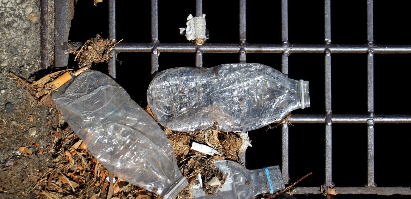 Plastic bottles accumulate on the grate of a storm drain. More and more plastic bottles like these are ending up at the city's sewage treatment facilities, where they are separated and sent to a landfill.(Emma Lee/WHYY)