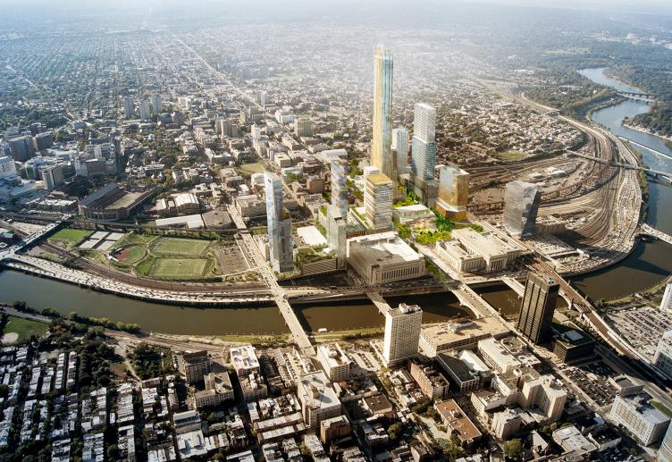 Conceptual rendering of Schuylkill Yards, a site being put forth for Amazon's second headquarters (Brandywine Realty Trust)