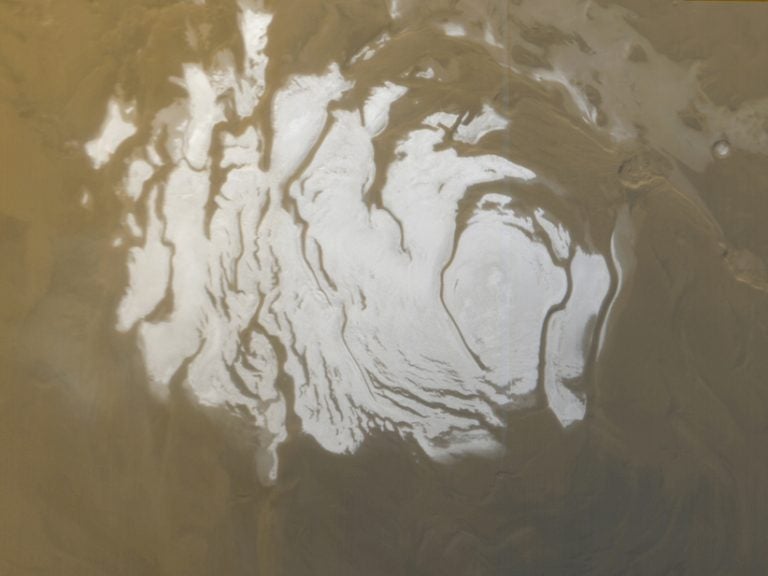 This is the south polar cap of Mars as it appeared to the Mars Orbiter Camera on the Mars Global Surveyor on April 17, 2000. An underground lake was found near here. (NASA/JPL/MSSS)