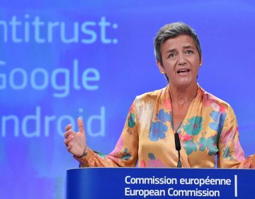 European Union Competition Commissioner Margrethe Vestager held a joint news conference at EU headquarters in Brussels on Wednesday after slapping a record $5 billion antitrust penalty on the U.S. tech giant. (John Thys/AFP/Getty Images)