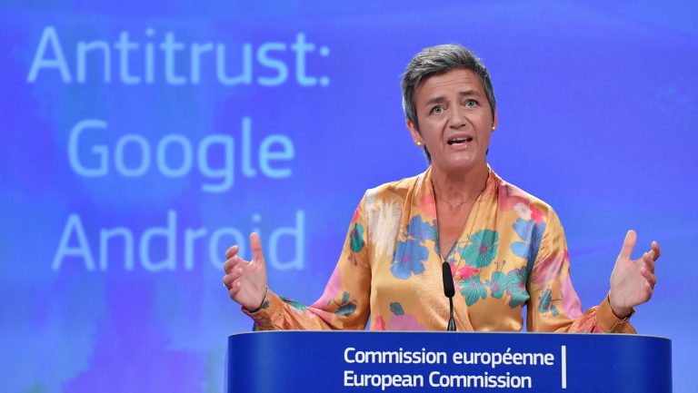 European Union Competition Commissioner Margrethe Vestager held a joint news conference at EU headquarters in Brussels on Wednesday after slapping a record $5 billion antitrust penalty on the U.S. tech giant. (John Thys/AFP/Getty Images)