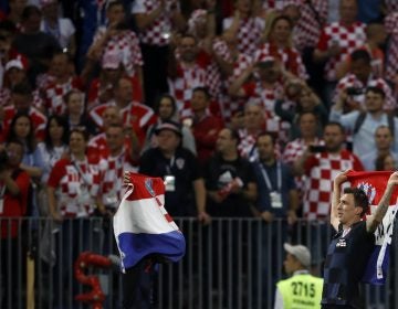 Croatia's Mario Mandzukic celebrates after the semifinal match between Croatia and England at the 2018 soccer World Cup in the Luzhniki Stadium in Moscow, Russia, Wednesday, July 11, 2018. (AP Photo/Francisco Seco)