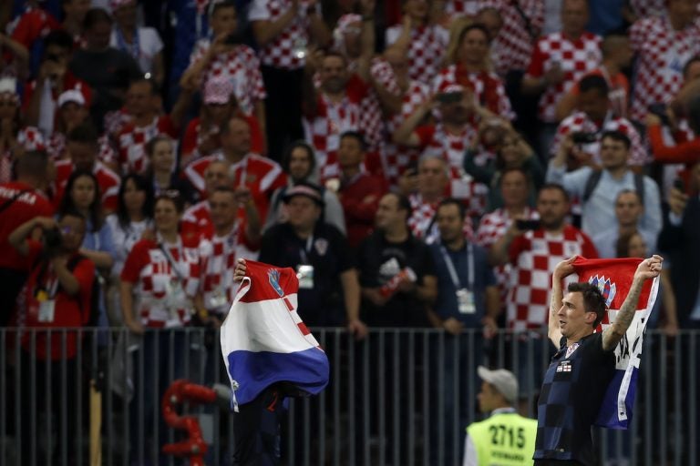 Croatia's Mario Mandzukic celebrates after the semifinal match between Croatia and England at the 2018 soccer World Cup in the Luzhniki Stadium in Moscow, Russia, Wednesday, July 11, 2018. (AP Photo/Francisco Seco)