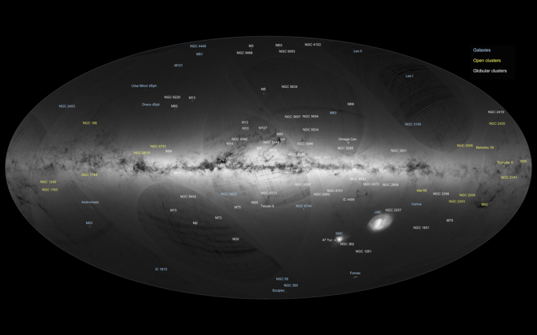 An all-sky view of stars in our Galaxy – the Milky Way – and neighbouring galaxies, based on the first year of observations from ESA’s Gaia satellite, from July 2014 to September 2015.