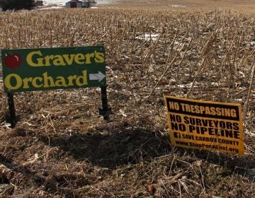 The proposed PennEast pipeline would pass through the fields of the Christman farm, seen from the intersection of Station Street and Pohopoco Drive in Lehighton. (Emma Lee/WHYY)