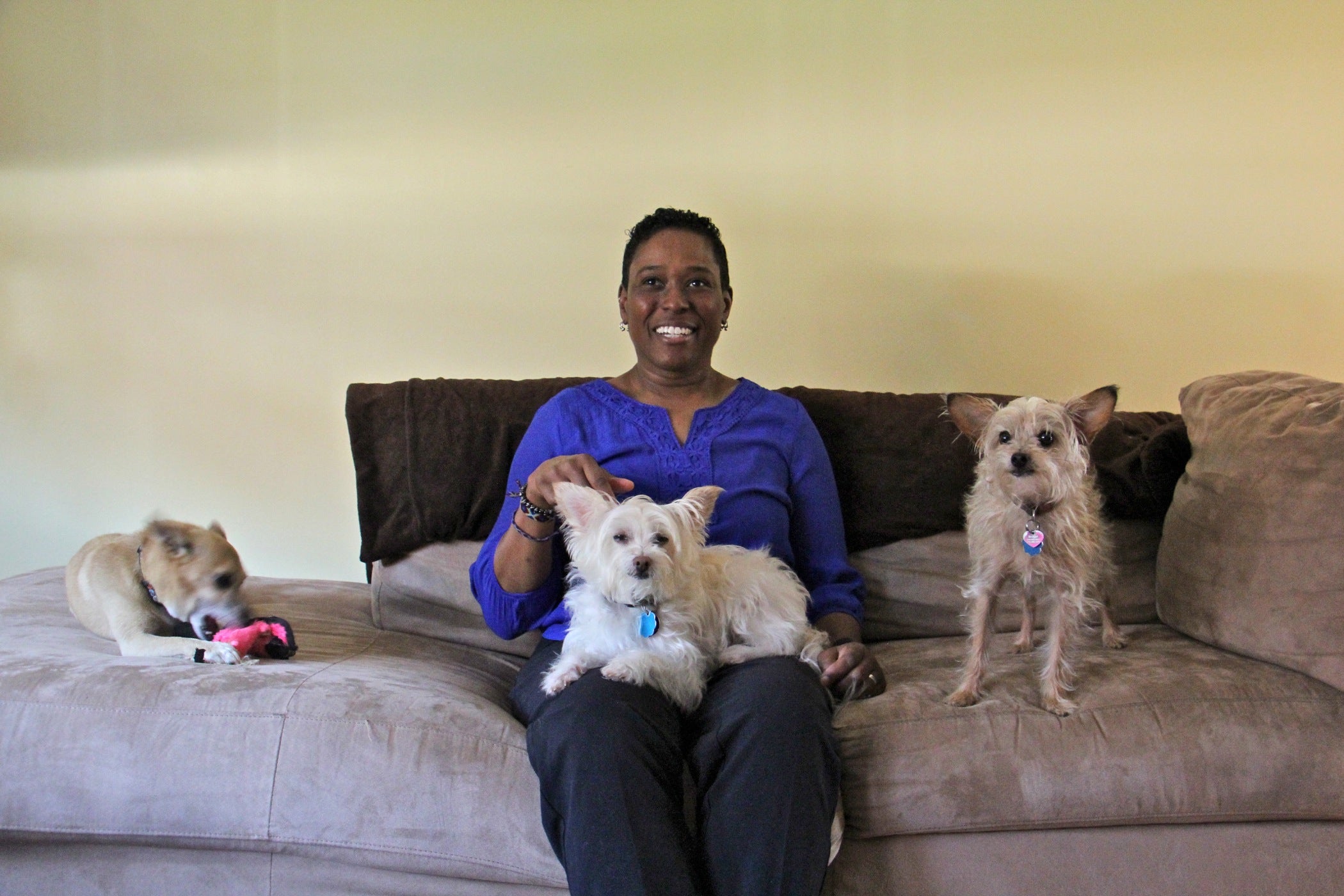 Rabbi Sandra Lawson at home with three rescue dogs she and her wife adopted.